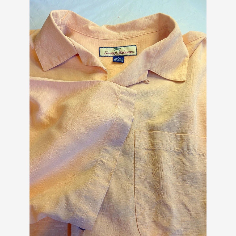 Tommy Bahama Mens Silk Jacquard Palm Tree Shirt Peach Salmon Short Sleeve Medium